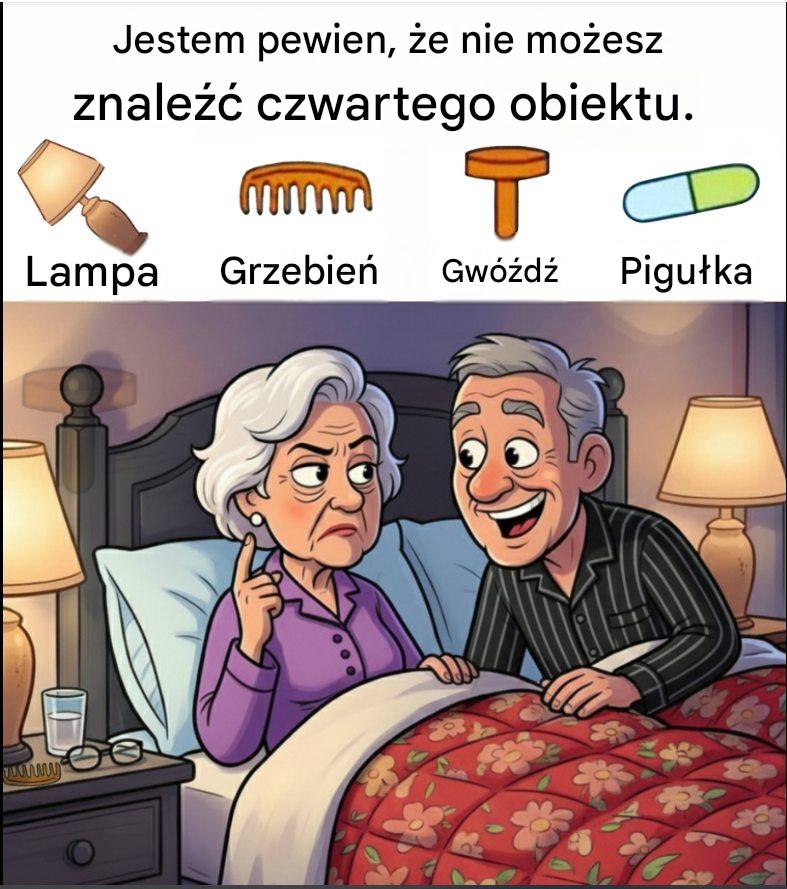 Znajdź lampę, grzebień, gwóźdź, tabletkę.